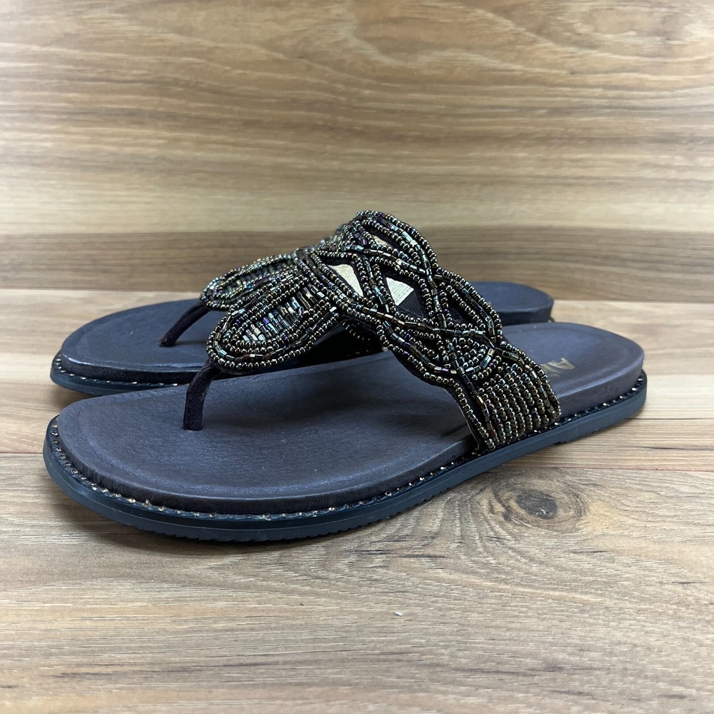 Alegria Tangoh‎ Womens Sandals Size 8 EU 38 Bronze Studded Beaded  Flip Flops - Picture 2 of 10
